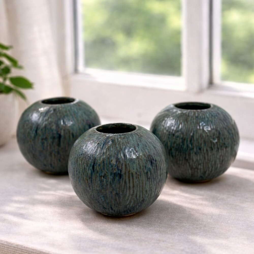 Set of 3 Vintage Blue Green Ceramic Vases Handmade Pottery Boho Home Decor